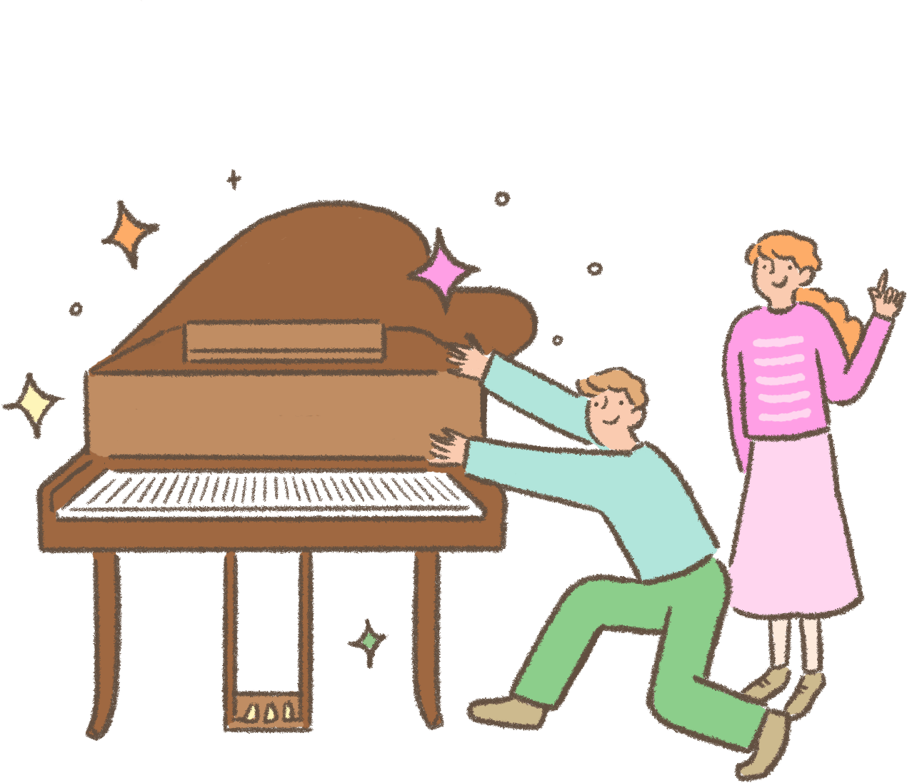 ピアノの前に立つ笑顔の女性と男性